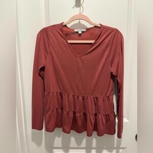 GREEN ENVELOPE long sleeve blush pink top with ruffles, women’s size S